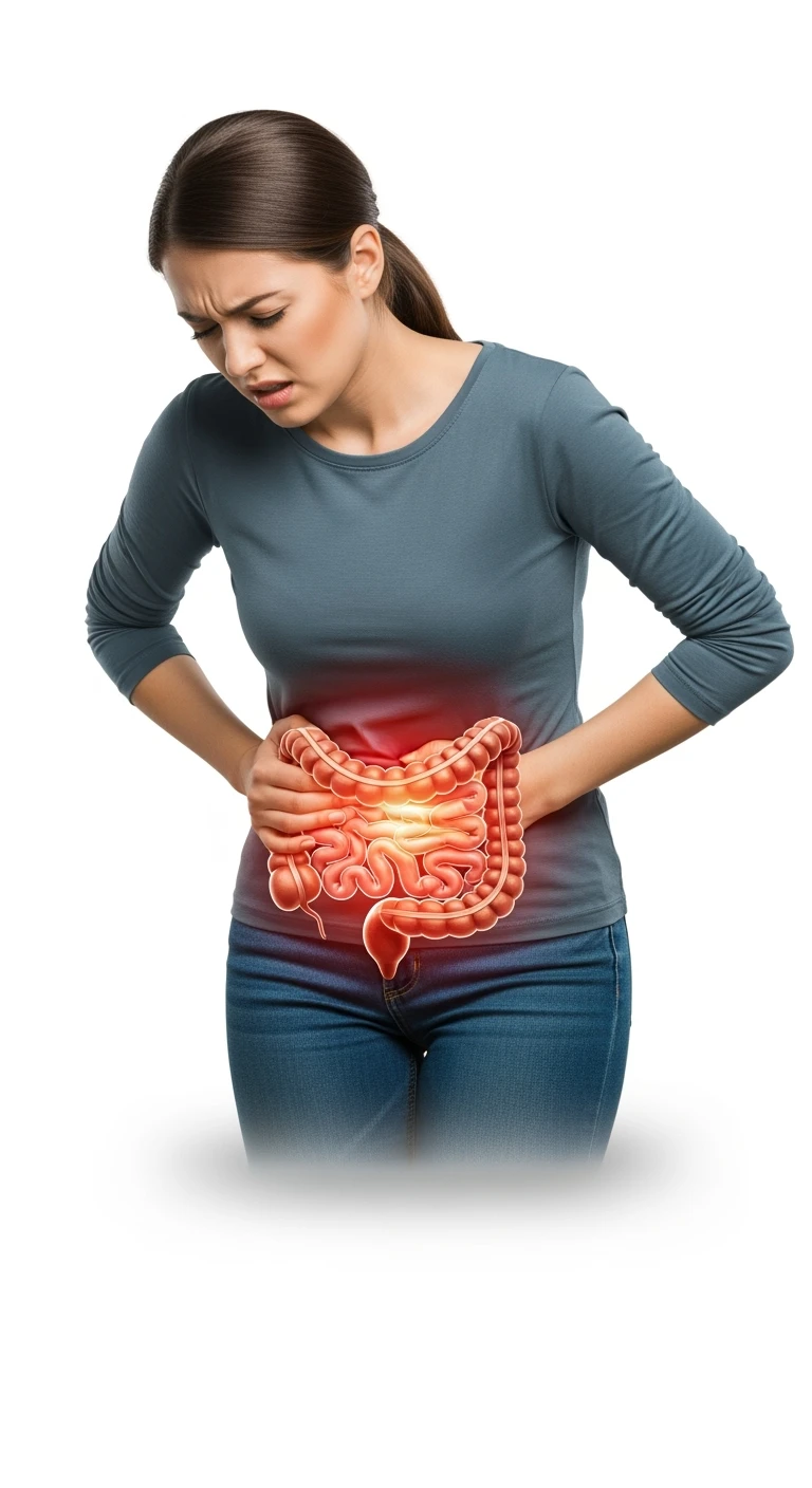 DONNA CON PANCIA DOLORANTE E INTESTINO UMANO ANATOMICO VISIBILE, ISOLATO SU SFONDO BIANCO emoji