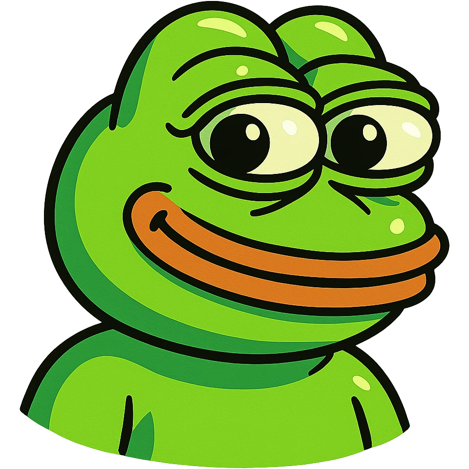 3D-style Pepe the Frog in neon green, smiling, with a thought bubble, eyes looking right, with pronounced highlights, deep shadows, and a visible drop shadow emoji