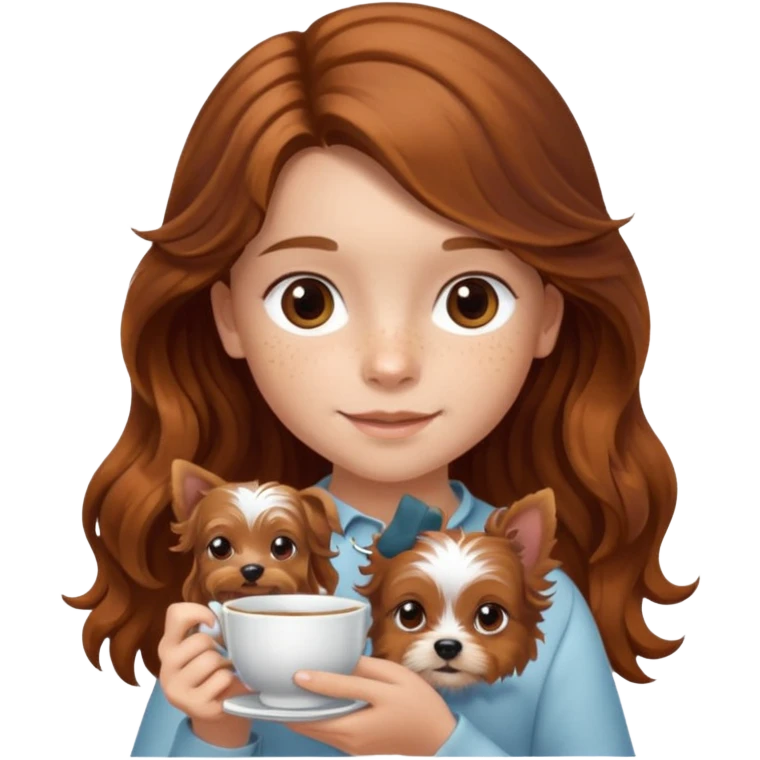 11 year old girl with freckles and long wavy brown hair, holding a teacup yorkie dog emoji