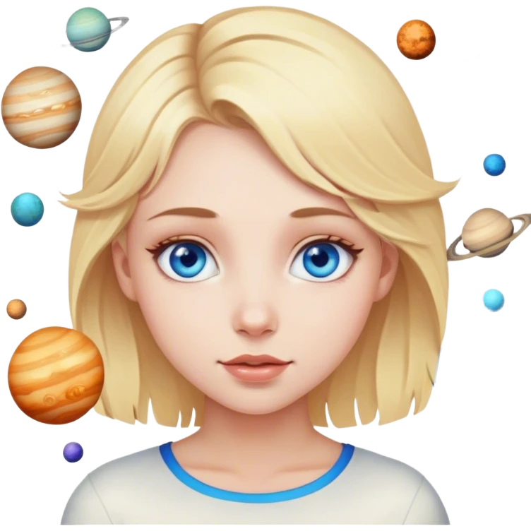 A blonde girl with blue eyes with many planets around her emoji