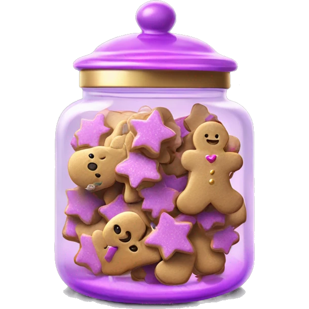 Realistic glass cookie jar with metallic pink,purple,and gold gingerbread cookies inside of it. emoji