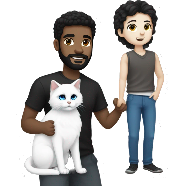 A guy with a black earing and black short hair and black beard and holding a all white Siberian cat with blue eyes  emoji