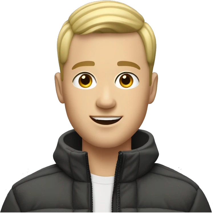 blonde guy with buzz cut hair and with north face coat with a mobile showing to front emoji