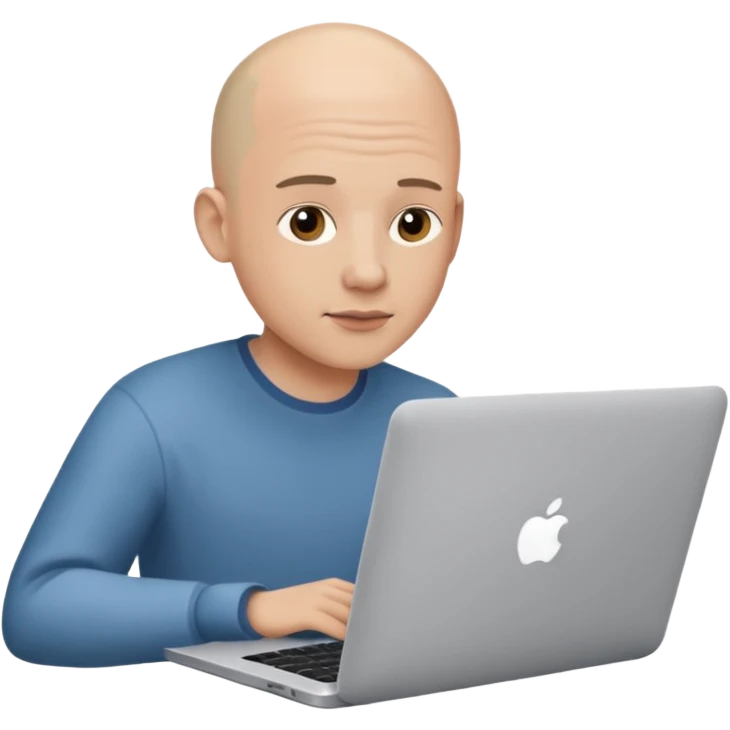 bald yong guy with macbook  no wringle on face emoji