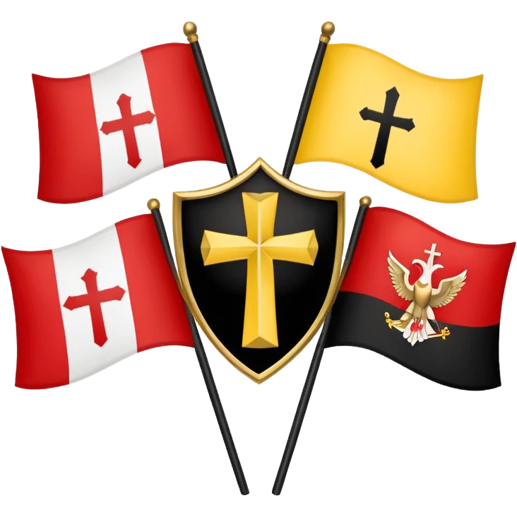 Flags: There are four flags, two on the top and two on the bottom, in the black and gold (yellow) quarters. Each flag features a gold Coptic cross.: In the center, there is a white shield or banner with a red eagle or bird, 
 emoji