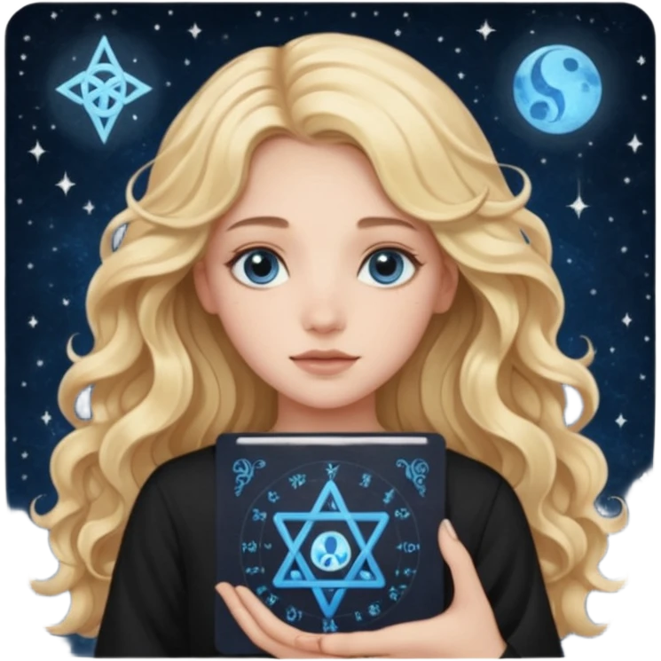 A long wavy haired blonde girl with blue eyes, wearing black, holding astrology chart with Virgo symbol  emoji