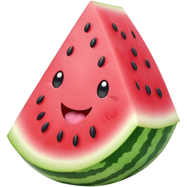 Cute Kawaii Watermelon Slice, juicy and vibrant, soft pastel green rind with pink flesh, tiny black seeds shaped like hearts, an adorable happy face with cute round eyes, bursting with summer energy! emoji