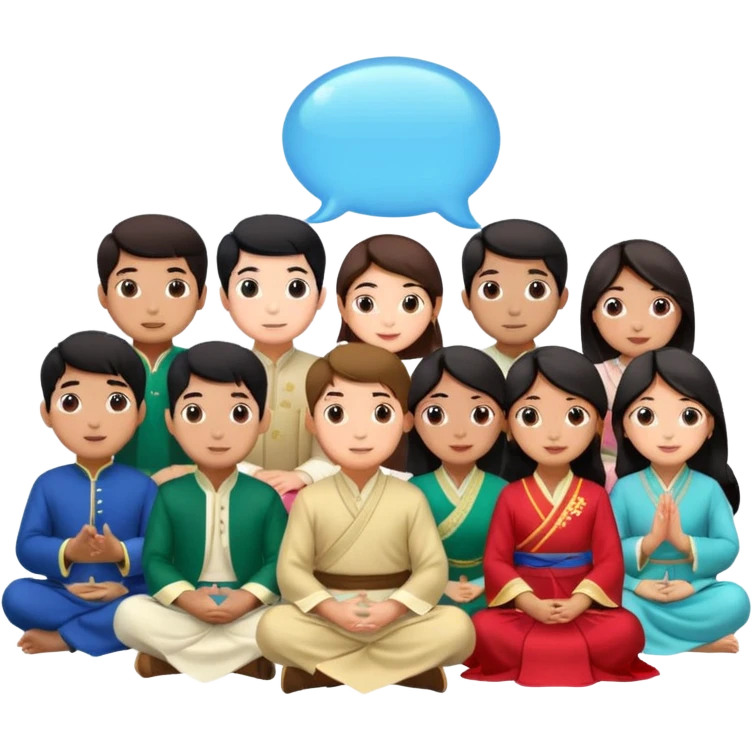 A group of young Pakistani people sitting around and sharing knowledge, with talking bubble of Hong kong emoji