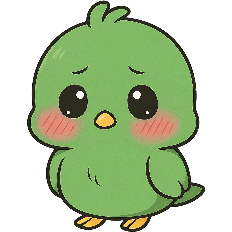 green chibi anime bird with a blushing face, cute and shy, chibi anime style emoji
