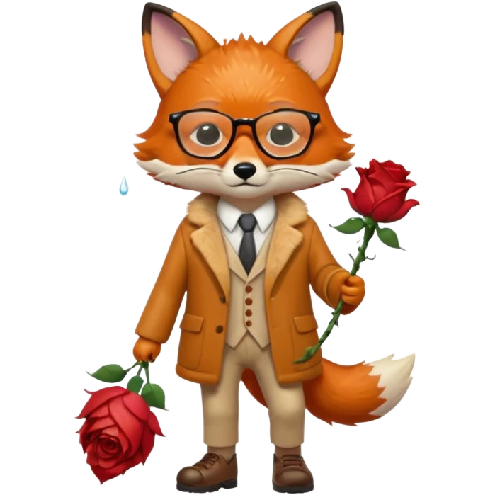 a fox with glasses, walking with shoes on and raining on him, also a dead rose in his hands and he's sad emoji