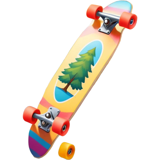 An icon featuring a colorful skateboard resting on a smooth pavement. The background shows a sunny park with trees, a clear sky, and a lively atmosphere. The skateboard's deck is decorated with vibrant designs, emphasizing its dynamic style. Transparent background  emoji