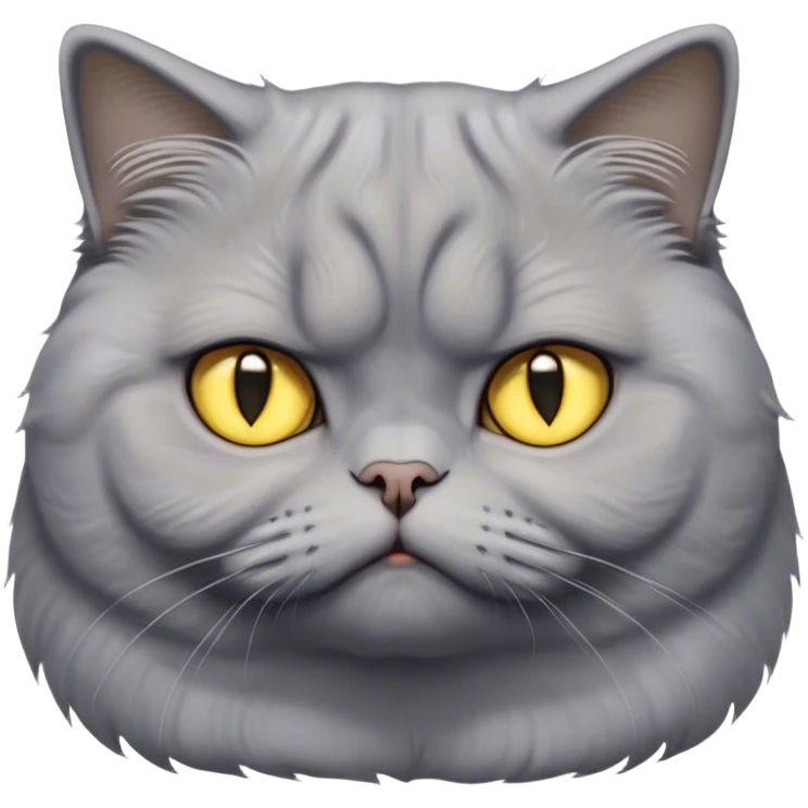 Cinematic Comical Grey Scottish Fold Cat Portrait Emoji, Adorable folded ears accentuating its round face, head tilted with a scrunched, grumpy expression, sleek soft grey fur with subtle blue undertones, large, striking yellow eyes, Simplified yet sharp features, highly detailed, glowing with a slightly sarcastic glow, high shine, poised but with a comically displeased demeanor, stylized with an air of playful disdain, focused yet unimpressed, soft glowing outline, capturing the essence of a grumpy yet endearing kitty with the classic Scottish Fold charm, so lifelike it feels like it could give you an exaggerated sigh and a disapproving stare at any moment! emoji