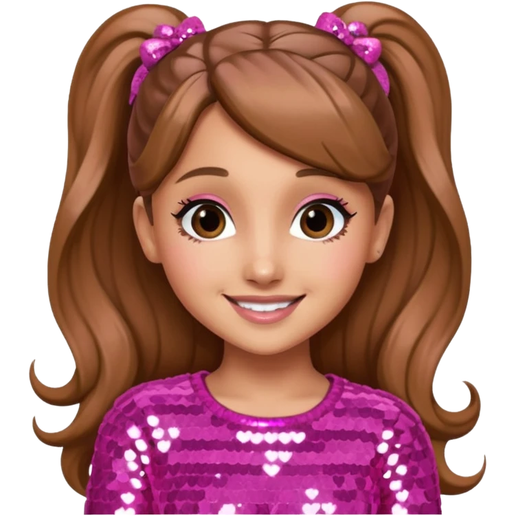 Ariana Grande with long light brown hair, pink sequin outfit emoji