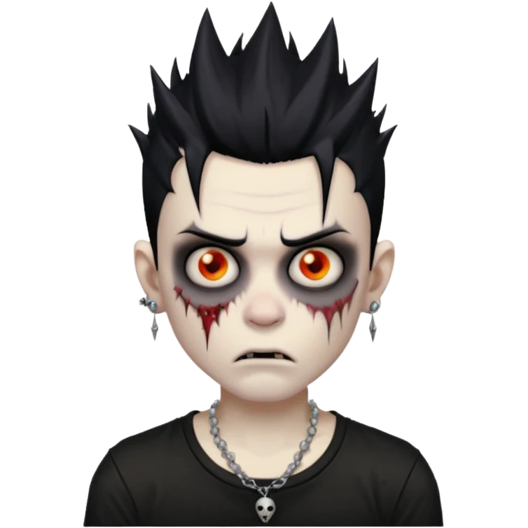 zombie boy with spiky emo black hair and white shirt , tattos, a risk on the eyebrow, earings,  a necklace emoji  emoji