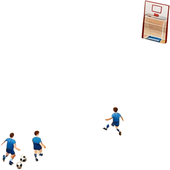 A mini-football match in an indoor sports hall with a wooden floor and clear court markings. The scene captures players in action, with the ball moving towards the goal, and the surrounding bleachers and overhead lights adding to the atmosphere of a competitive game. emoji