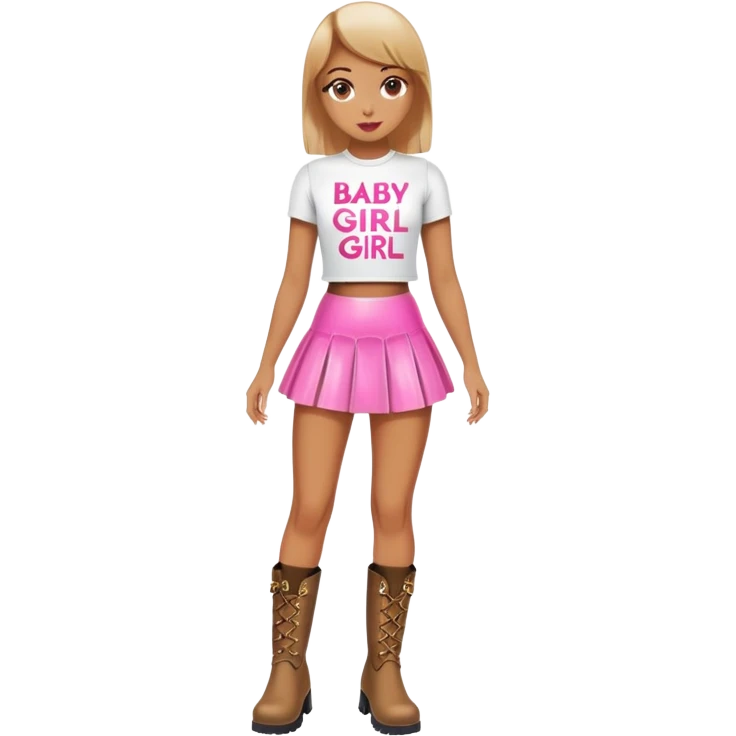Mini latex skirt and boots and short top with pink inscription “Baby girl” emoji