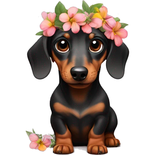 Tiny dachshund with flowers in his mouth emoji