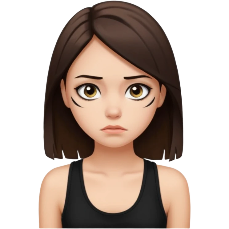 a fair girl with straight brunette hair, black tank top, eyeliner on. Looking sad emoji