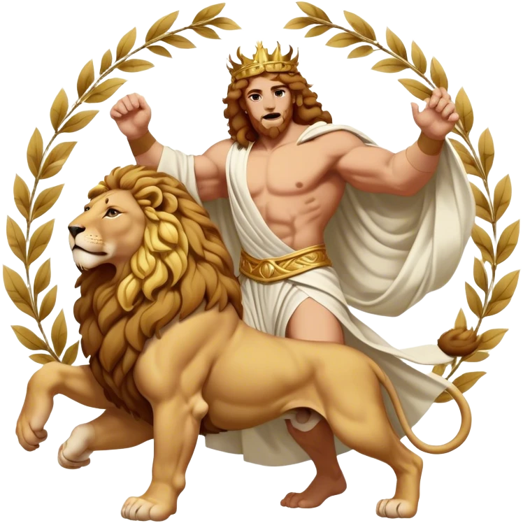 Cinematic Realistic Hercules Portrait, captured in a dramatic lion-wrestling pose that epitomizes raw, heroic strength. His light tan, athletic skin and thick, curly, golden brown hair are showcased as he grapples with a majestic lion, his refined face reminiscent of Michelangelo's David marked by noble determination. Draped in a flowing white robe with understated golden accents and crowned with a classic Greek laurel wreath, dynamic natural lighting accentuates every muscular contour and fierce, commanding expression, embodying the essence of ancient valor. emoji