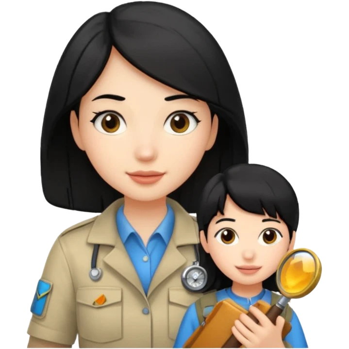 estudiante mujer de odontología con el cabello negro recogido con un explorador  emoji