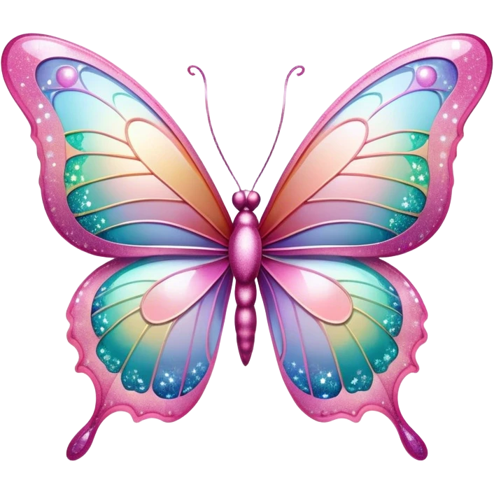 Pastel sparkly pink glittery iridescent rainbow transparent butterfly with detailed intricate patterns emoji