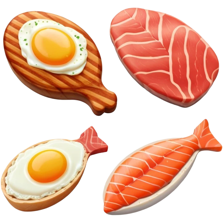 Four separate protein icons: a golden glowing chicken breast, a red meat steak, a smaller salmon fillet, and an egg, each with a subtle DNA strand behind it and muscle fiber pattern around the edges emoji