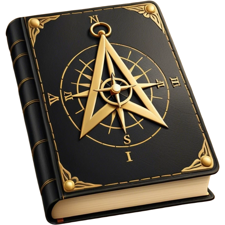 A black and gold book with an aged leather texture, embossed with an alchemical symbol, a compass, or a forging hammer, exuding wisdom, mastery, and the relentless pursuit of greatness. - book on mastery ... silhouette of a triangle  emoji