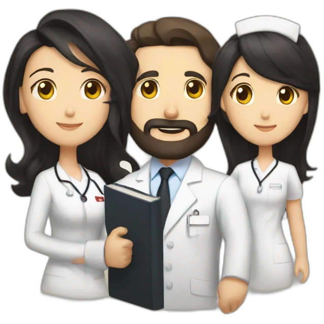 husband american 55 dark hair trimmed beard business suit pastor holding bible, wife asian age 55 black shoulder length hair wearing nurse, no children emoji