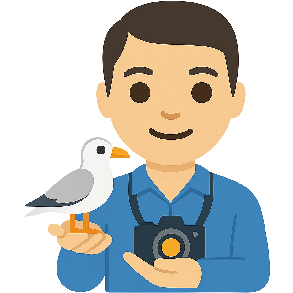 Minimalist emoji-style illustration of a smiling photographer holding a seagull in their hands and a camera around the neck. Simplified, clean lines, vibrant colors, small size emoji