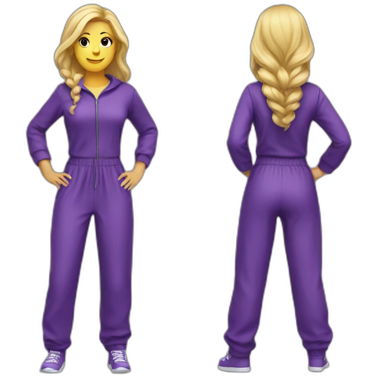 Woman blond hair purple full body jumpsuit emoji