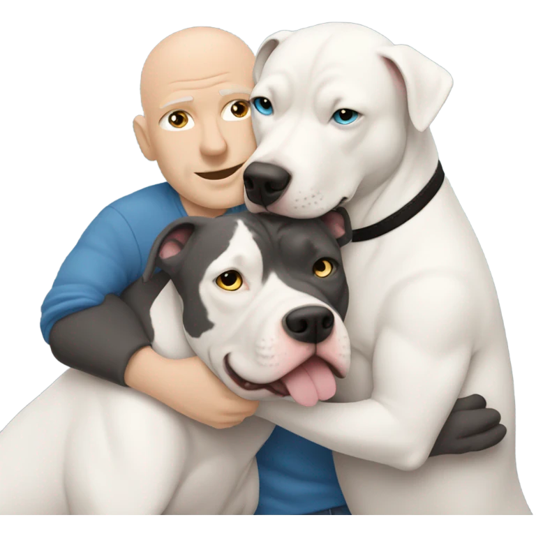 white bald man with blue eyes hugging large dark grey pit bull emoji
