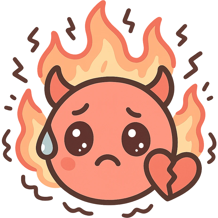 kawaii devil face with a broken heart, fire behind it, sweat drop, chaotic energy, pastel red and black colors, inspired by Verona Beach conflict aesthetic, discord emoji size emoji