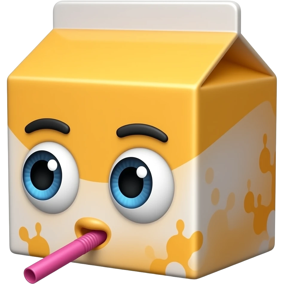 Juice box with only wide eyes looking to the side with a hot pink straw, no mouth or eyebrows emoji