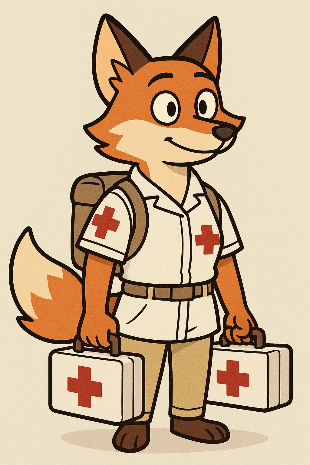 kitsune fox as a medic with a red cross, clean modern style emoji