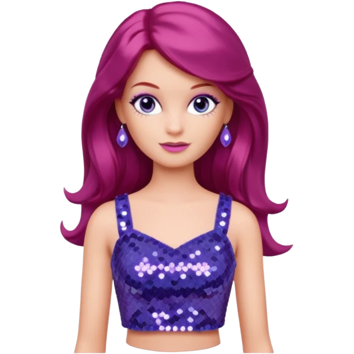 P.J. from Barbie & Friends with indigo eyes, long red hair, lilac sequin crop top emoji