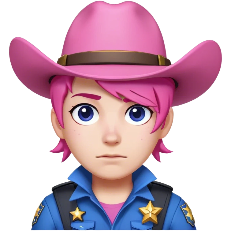 An emoji of character colt from popular video game brawl stars. With pink hair, white skin and pink sideburns. He wears blue sheriff clothes emoji