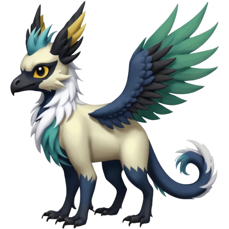 Dark-deep-colored gryphon-Trico-Nargacuga-Absol-Leafeon-Sprigatito-Silvally-fusion-hybrid with a long tufted tail, black beak, black claws, black tail, majestic, realistic, furry (full body) emoji