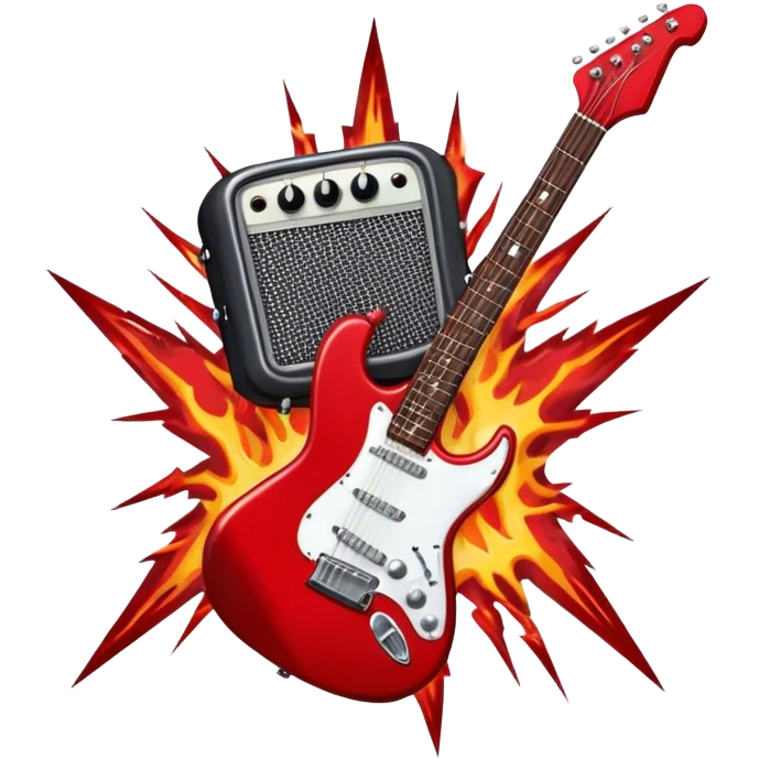 Create a fierce and edgy emoji representing hardcore rock vocal performance in a humanless collage. The design should feature a vintage microphone at the center, Add crossed drumsticks behind the microphone to symbolize the rhythm and power of the drums. surrounded by a menacing, distorted electric guitar with sharp, aggressive angles. Include subtle elements like lightning bolts, flames, or jagged sound waves to evoke the raw energy and intensity of hardcore rock. Use dark, intense colors like black, red, and silver, with a metallic, gritty finish to convey the rebellious, aggressive spirit of the genre. The background should be transparent. emoji