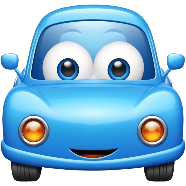 A blue toy car with big adorable eyes and a cheerful expression emoji