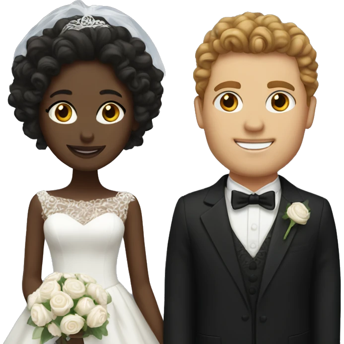Black bride and white man with brown curly hair groom emoji