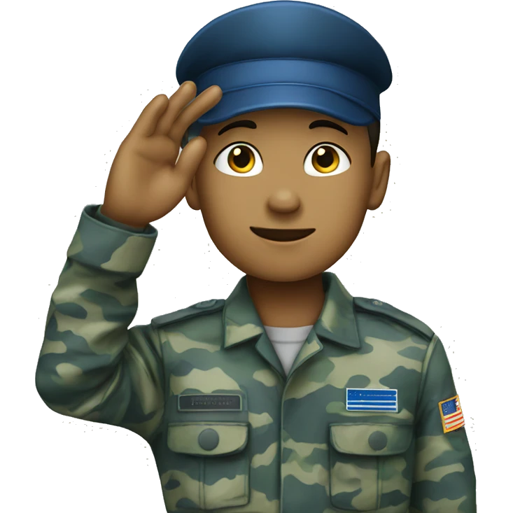 Blue camouflage uniform light skin boy saluting with his hand emoji
