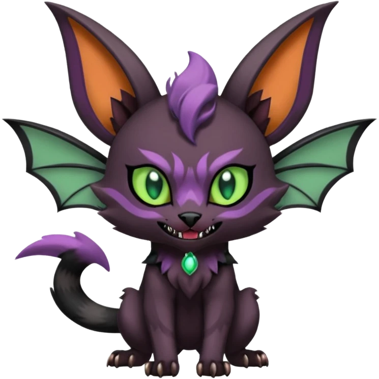Black edgy Noivern-Noibat-Purloin-Torracat-Lykoi-Caracal-cat-Fakemon-fusion-hybrid-creature with bat wings on head as ears, big fangs, gothic markings emoji