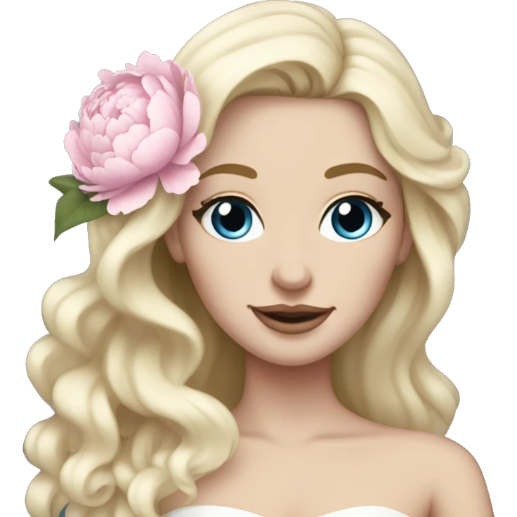 White bride with long light blonde hair and blue eyes with light pink peonies in hair white skin  emoji