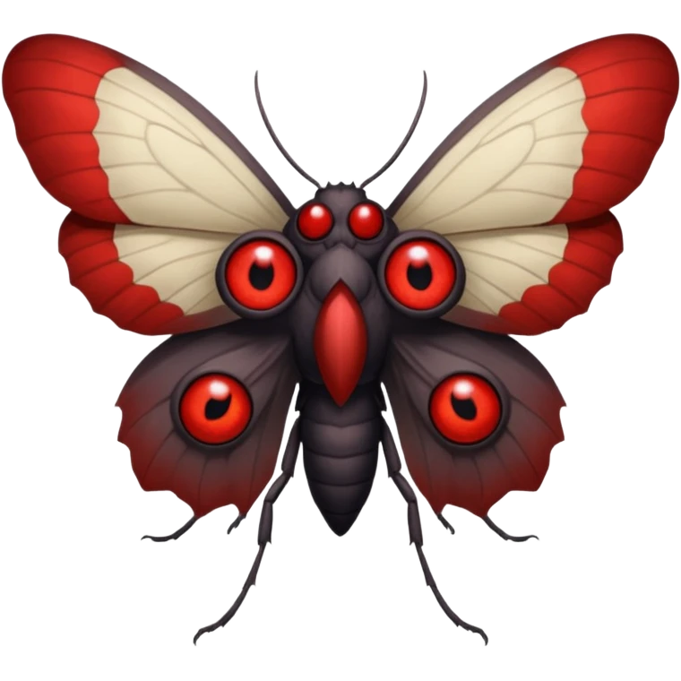 Create a scary emoji of the mothman with bright red eyes and as depicted in the legend. Make it less bird like and more Moth / Human hybrid emoji