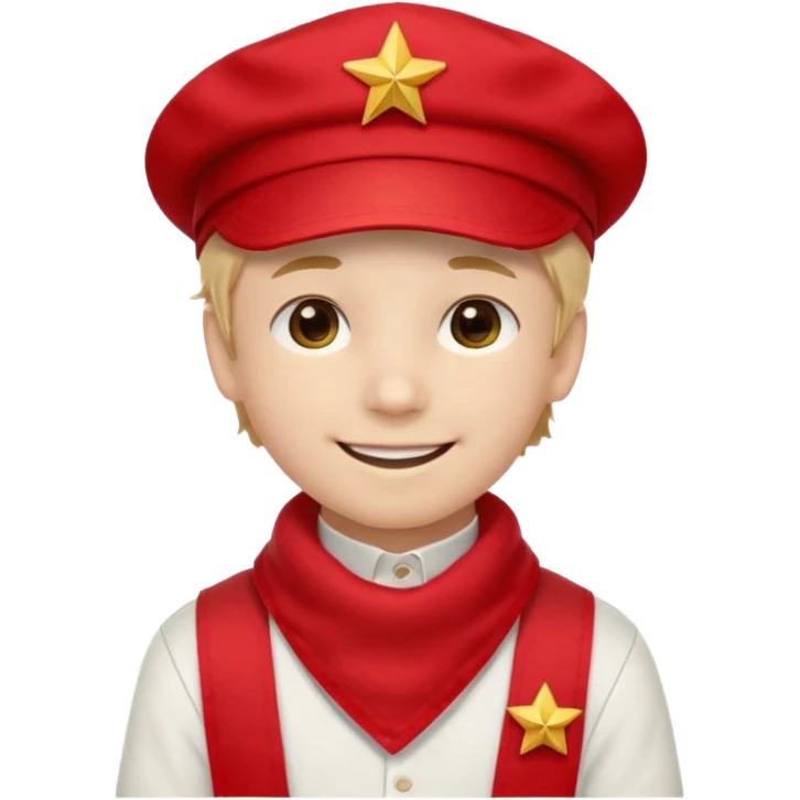 A Soviet pioneer emoji — smiling young boy wearing a bright red tie (pioneer neckerchief) and a red pilotka cap with a small gold star badge. White shirt, neat and cheerful, minimal flat emoji style, simple colors, clear outlines, professional emoji design. emoji