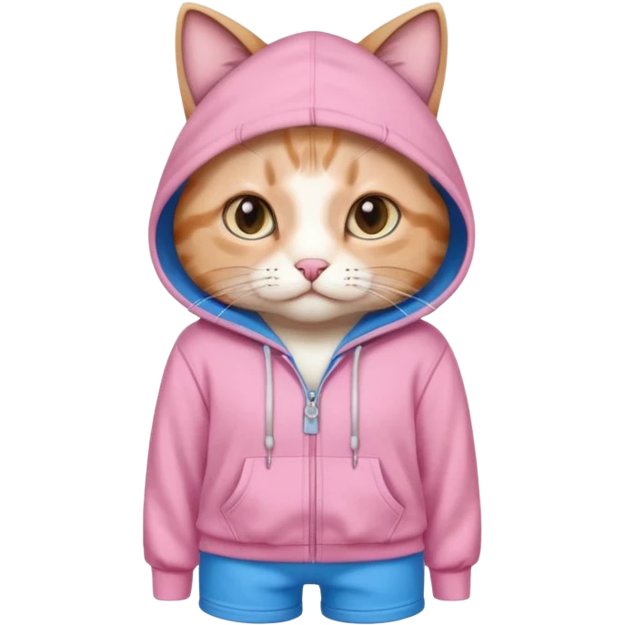 Cat wearing a cute pink hoodie with blue shorts  emoji