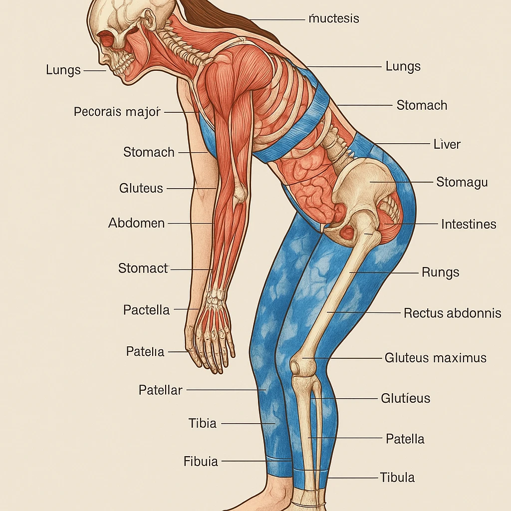 Anatomical version of the girl, identical posture to the photo, showing muscles, bones, and main organs, maintaining the silhouette and original details. Medical illustrative style. emoji