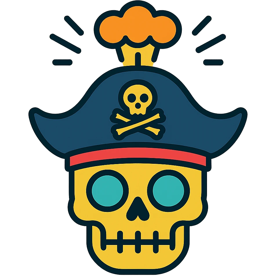 skull with mind blown effect, wearing a pirate hat, bold colorful style emoji