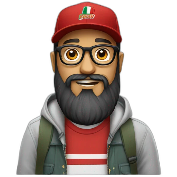 bearded portuguese designer with glasses and a red vans skate cap emoji