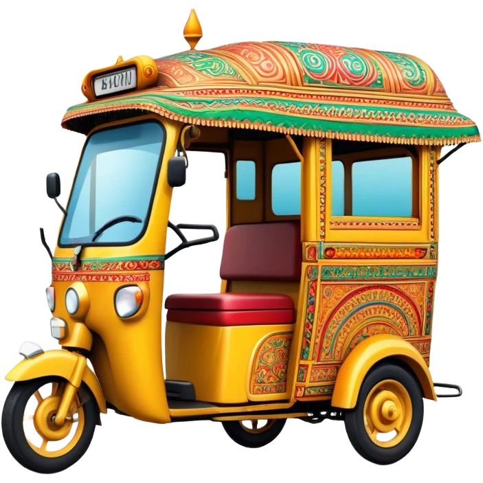 Cinematic Realistic Indian Auto Rickshaw Emoji, depicted as a colorful, bustling auto rickshaw with intricate designs and vibrant hues, rendered with lively textures and dynamic urban lighting that captures its quintessential presence in Indian cities. emoji